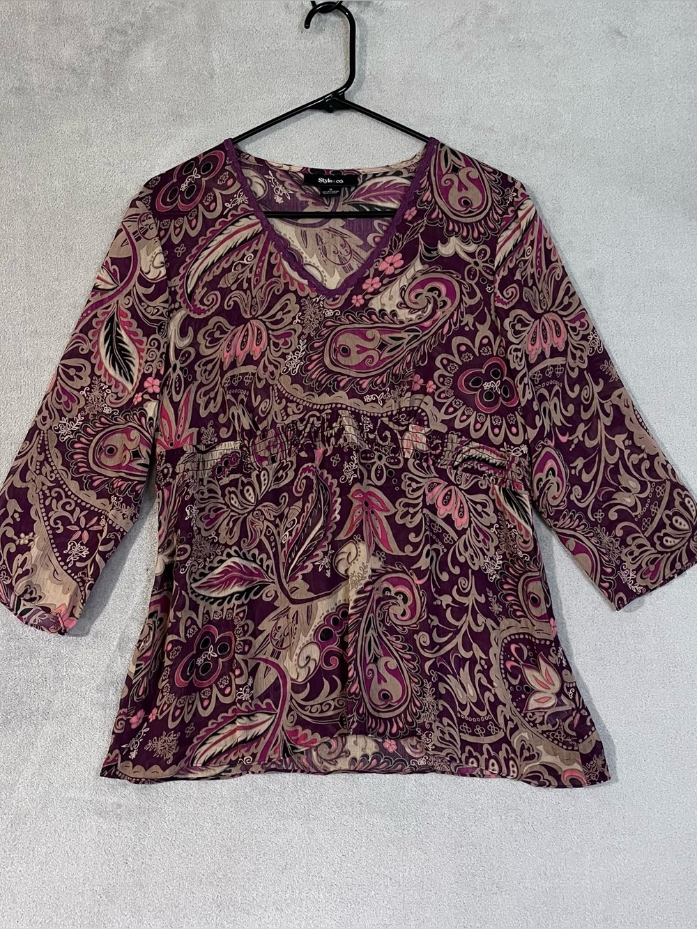 Style & Co. Paisley V-Neck Tunic in maroon and Pink Semi-sheer Boho